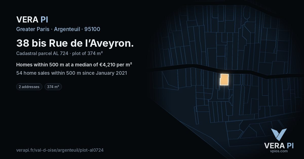 38 bis Rue de l’Aveyron, Argenteuil at night – the plot lit, the parcels around coloured by the prices near them