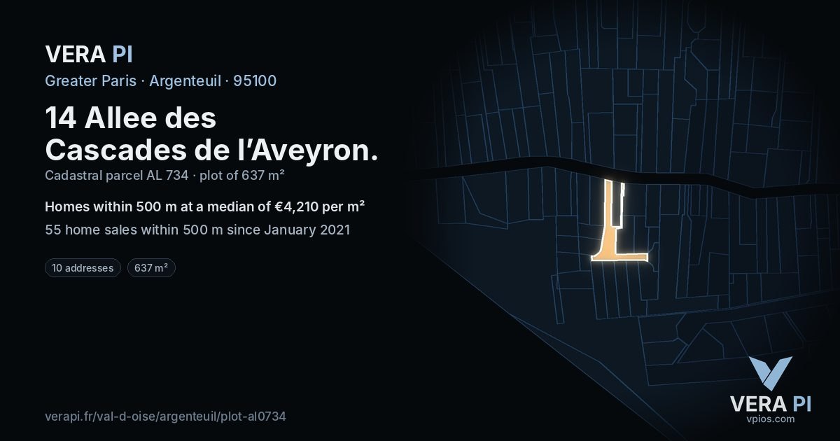 14 Allee des Cascades de l’Aveyron, Argenteuil at night – the plot lit, the parcels around coloured by the prices near them