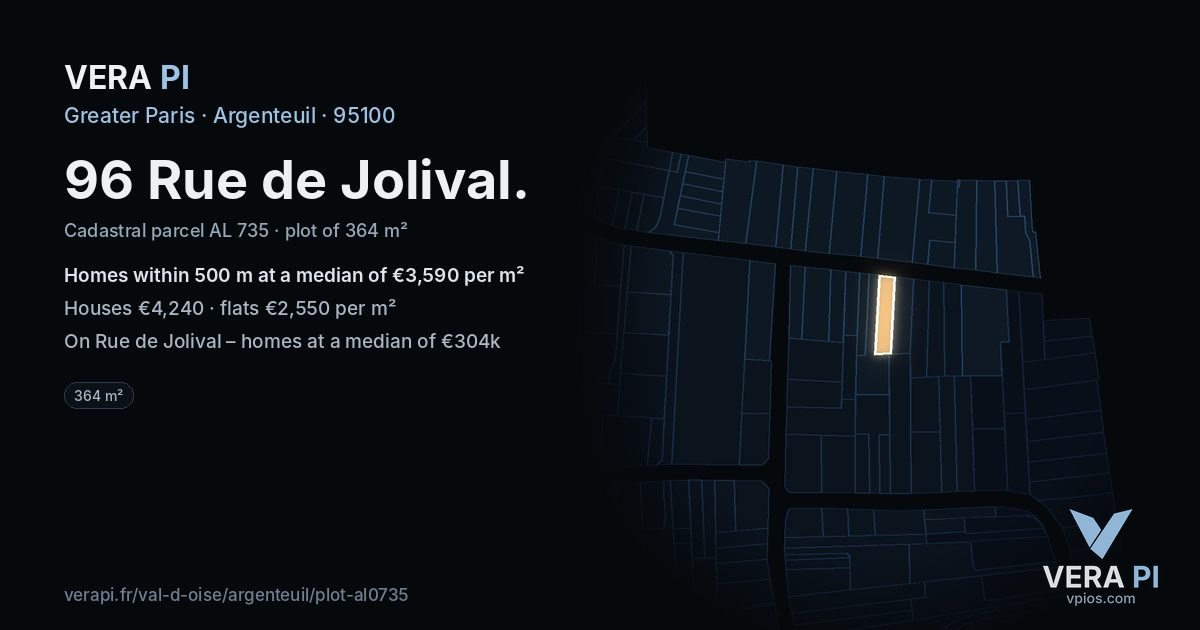 96 Rue de Jolival, Argenteuil at night – the plot lit, the parcels around coloured by the prices near them