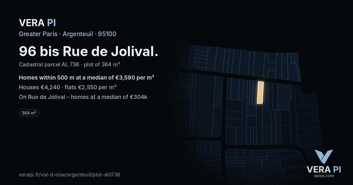 96 bis Rue de Jolival, Argenteuil at night – the plot lit, the parcels around coloured by the prices near them