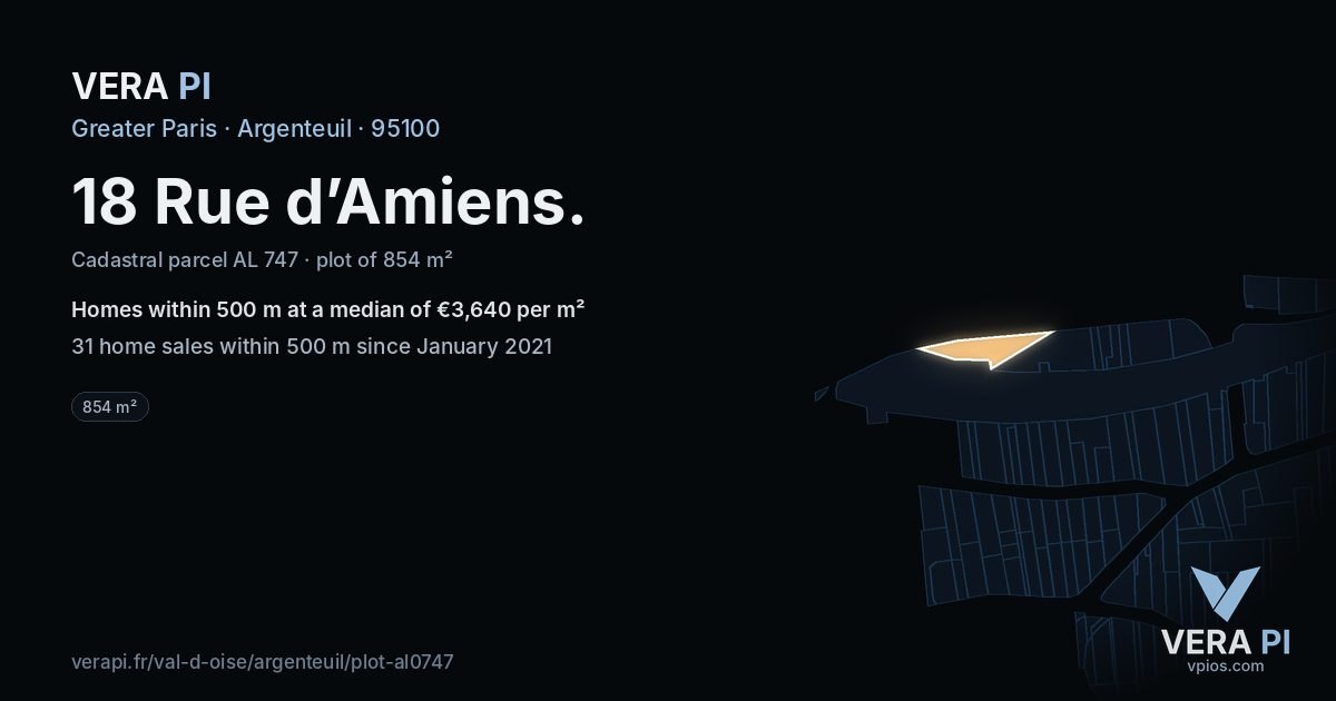 18 Rue d’Amiens, Argenteuil at night – the plot lit, the parcels around coloured by the prices near them