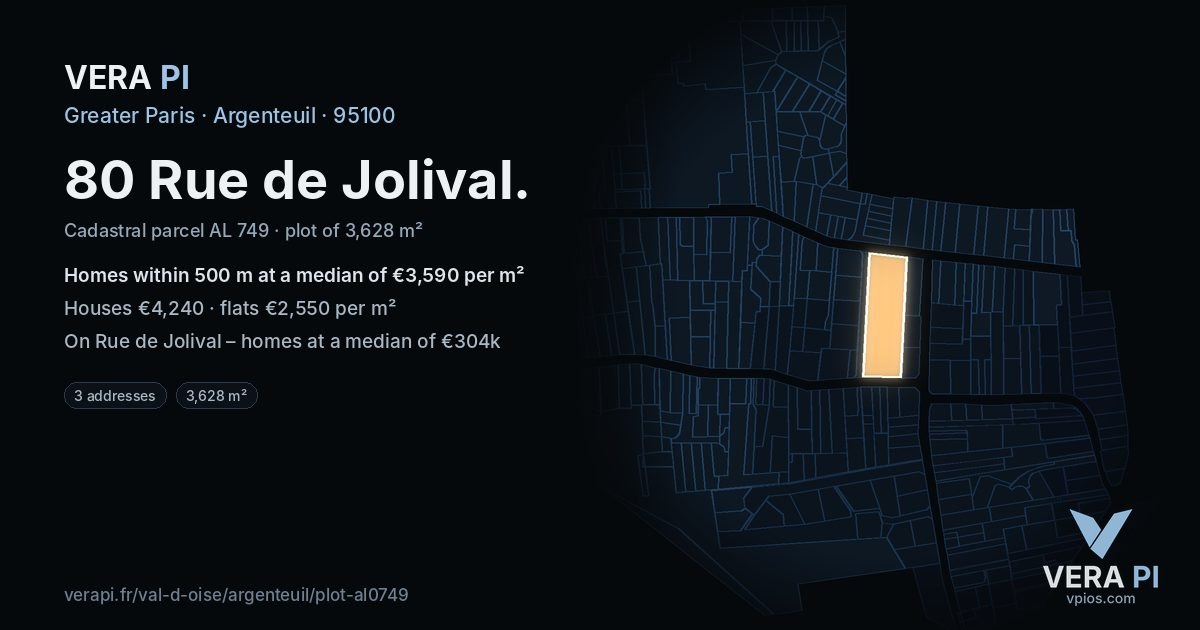 80 Rue de Jolival, Argenteuil at night – the plot lit, the parcels around coloured by the prices near them