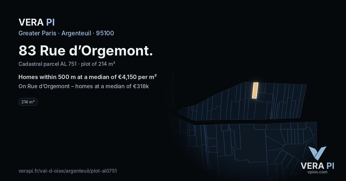 83 Rue d’Orgemont, Argenteuil at night – the plot lit, the parcels around coloured by the prices near them