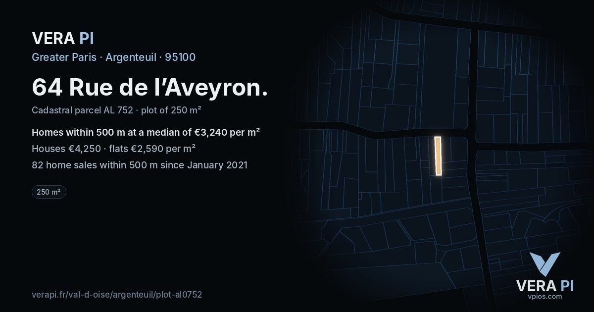 64 Rue de l’Aveyron, Argenteuil at night – the plot lit, the parcels around coloured by the prices near them