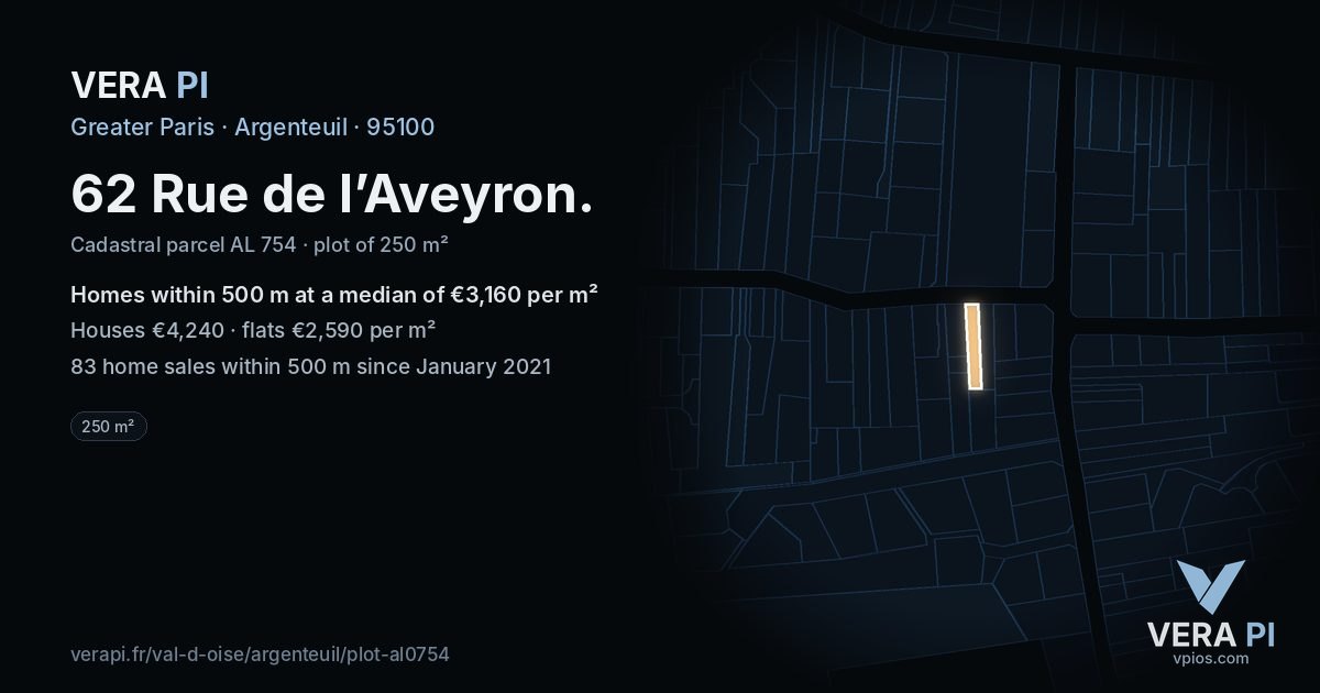 62 Rue de l’Aveyron, Argenteuil at night – the plot lit, the parcels around coloured by the prices near them