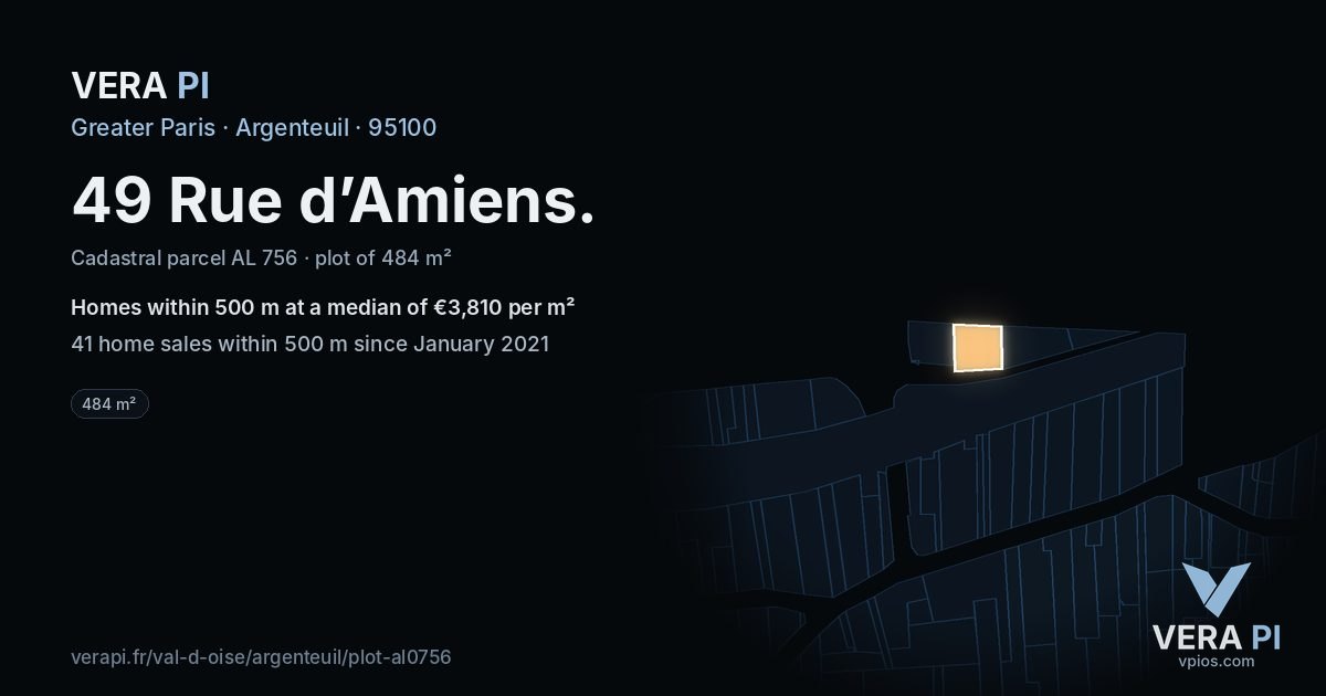 49 Rue d’Amiens, Argenteuil at night – the plot lit, the parcels around coloured by the prices near them