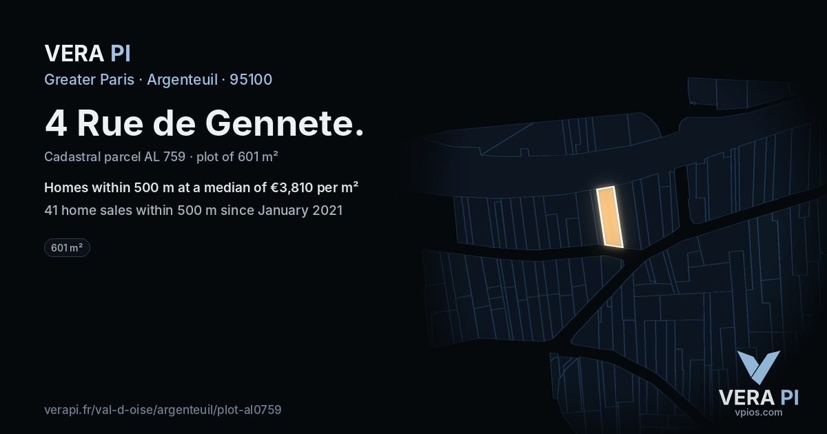 4 Rue de Gennete, Argenteuil at night – the plot lit, the parcels around coloured by the prices near them