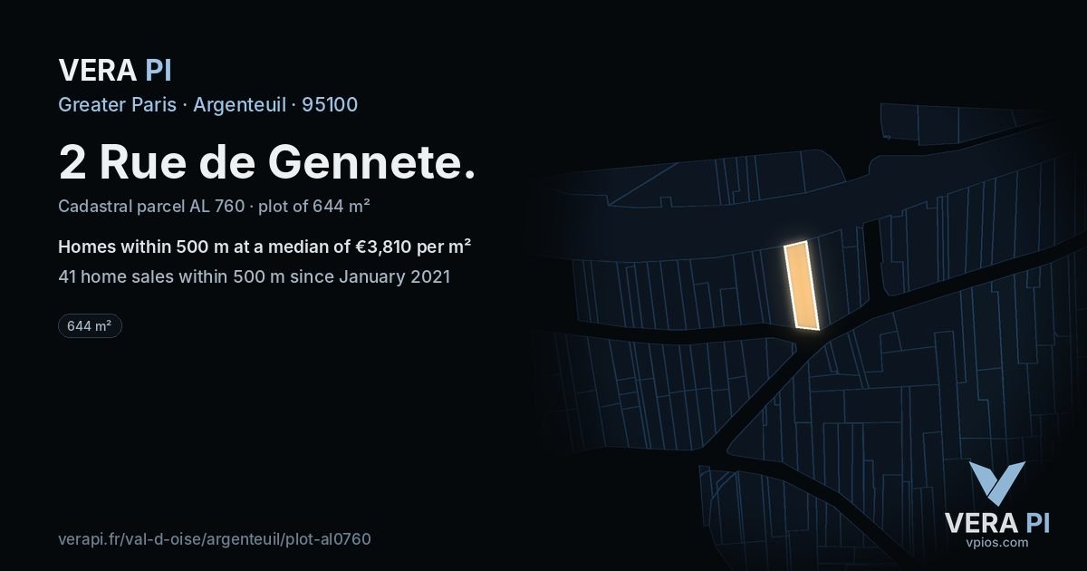 2 Rue de Gennete, Argenteuil at night – the plot lit, the parcels around coloured by the prices near them