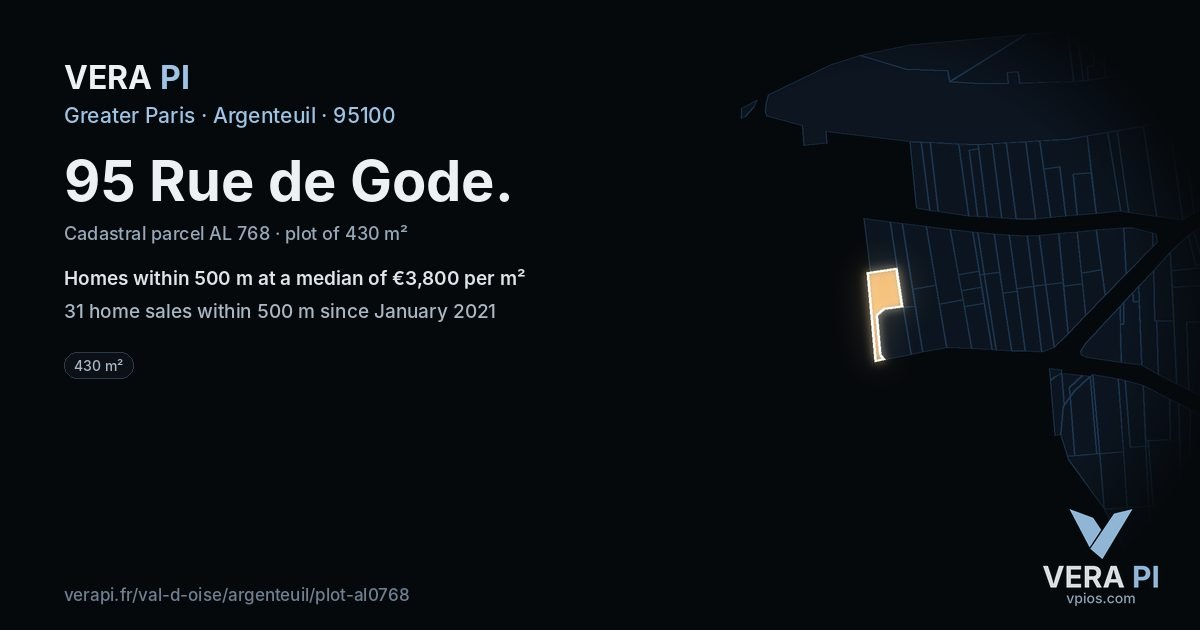 95 Rue de Gode, Argenteuil at night – the plot lit, the parcels around coloured by the prices near them