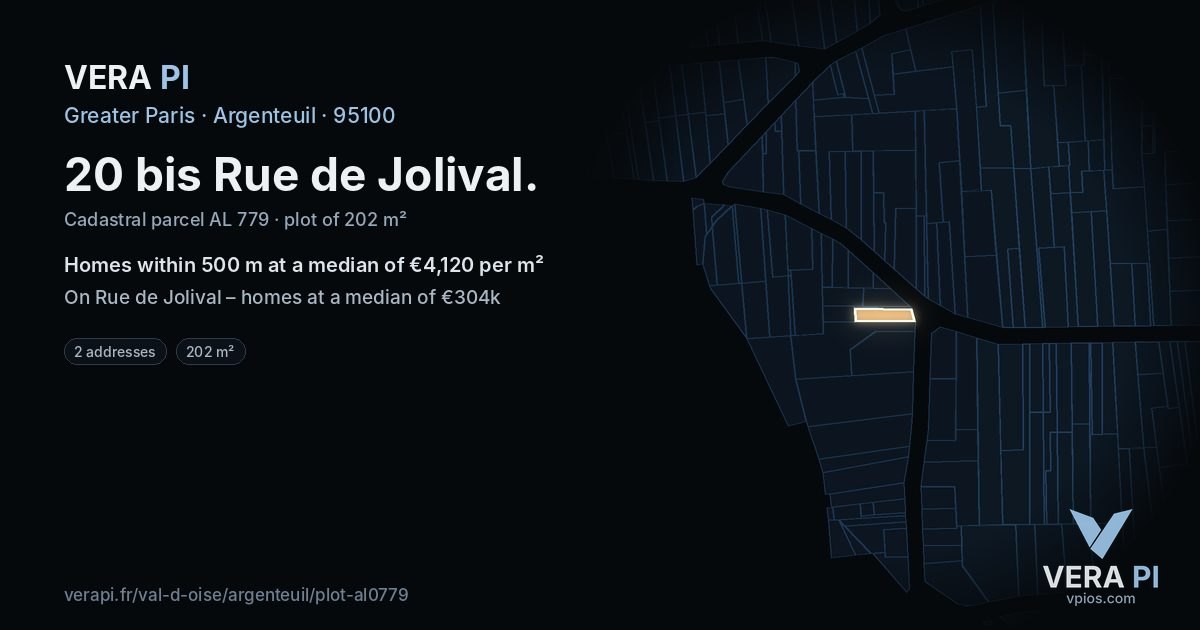 20 bis Rue de Jolival, Argenteuil at night – the plot lit, the parcels around coloured by the prices near them