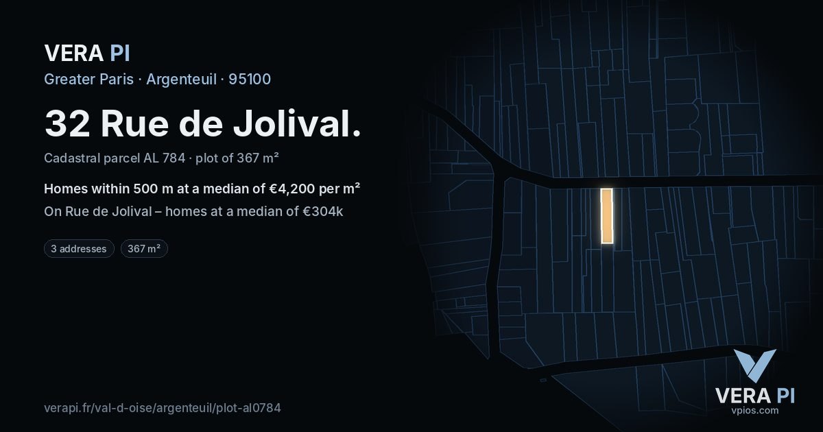 32 Rue de Jolival, Argenteuil at night – the plot lit, the parcels around coloured by the prices near them