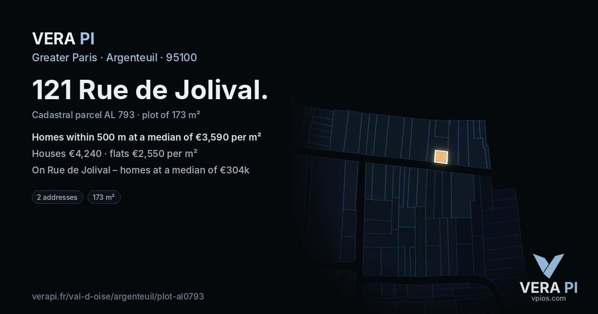 121 Rue de Jolival, Argenteuil at night – the plot lit, the parcels around coloured by the prices near them