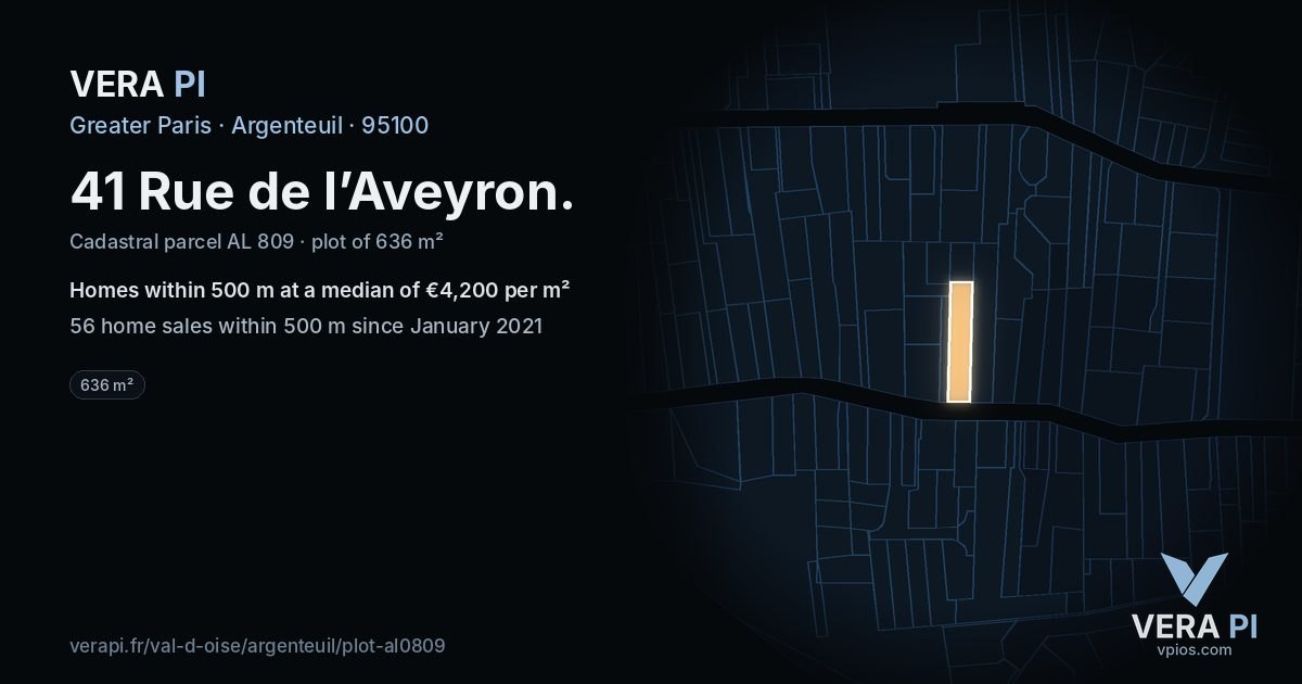 41 Rue de l’Aveyron, Argenteuil at night – the plot lit, the parcels around coloured by the prices near them