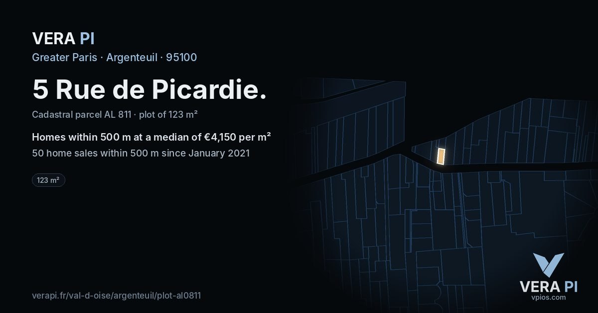 5 Rue de Picardie, Argenteuil at night – the plot lit, the parcels around coloured by the prices near them