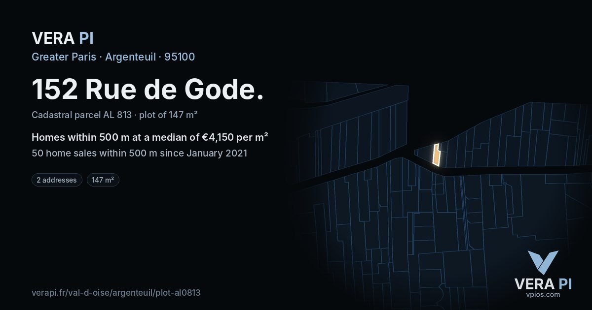 152 Rue de Gode, Argenteuil at night – the plot lit, the parcels around coloured by the prices near them