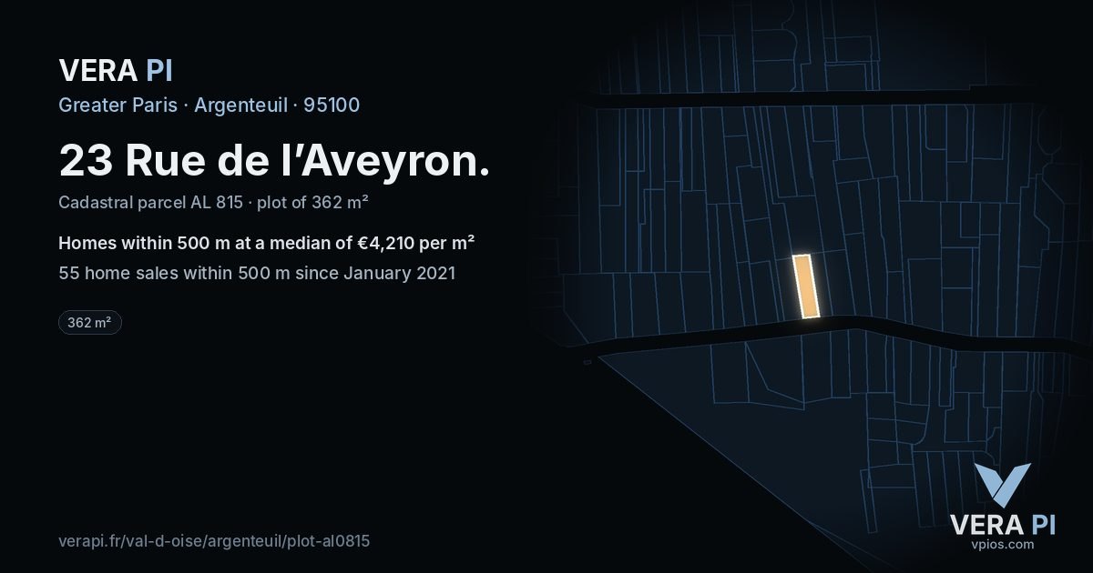 23 Rue de l’Aveyron, Argenteuil at night – the plot lit, the parcels around coloured by the prices near them