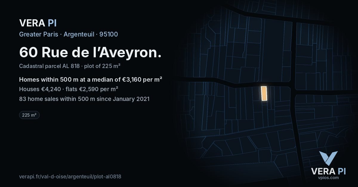 60 Rue de l’Aveyron, Argenteuil at night – the plot lit, the parcels around coloured by the prices near them