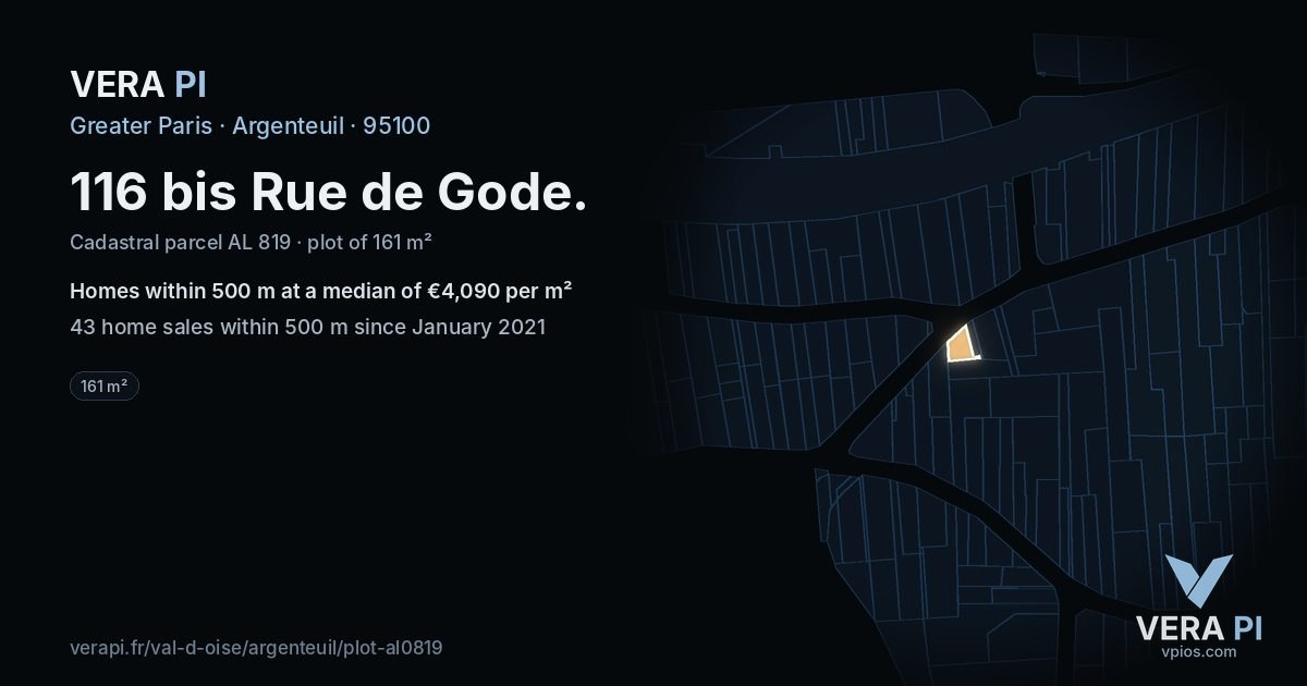 116 bis Rue de Gode, Argenteuil at night – the plot lit, the parcels around coloured by the prices near them