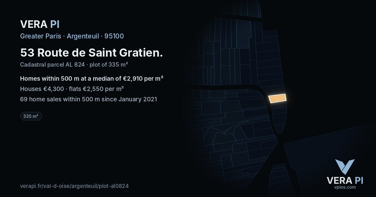 53 Route de Saint Gratien, Argenteuil at night – the plot lit, the parcels around coloured by the prices near them