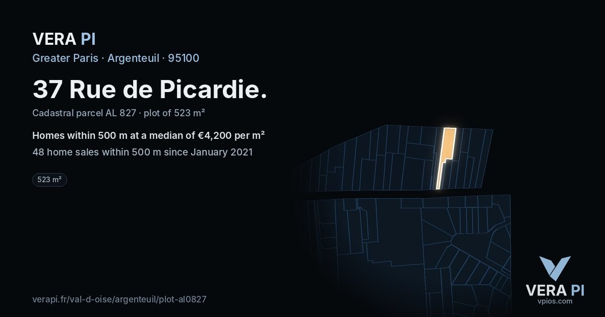 37 Rue de Picardie, Argenteuil at night – the plot lit, the parcels around coloured by the prices near them