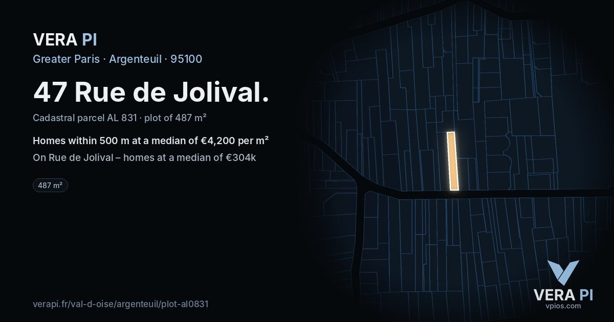 47 Rue de Jolival, Argenteuil at night – the plot lit, the parcels around coloured by the prices near them