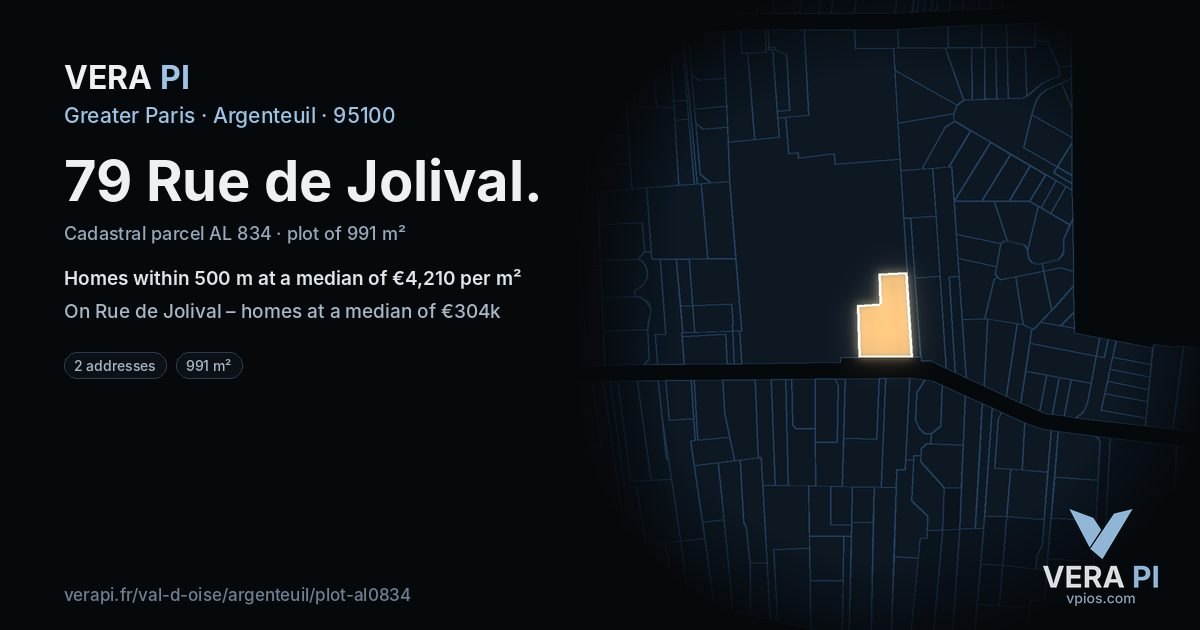79 Rue de Jolival, Argenteuil at night – the plot lit, the parcels around coloured by the prices near them