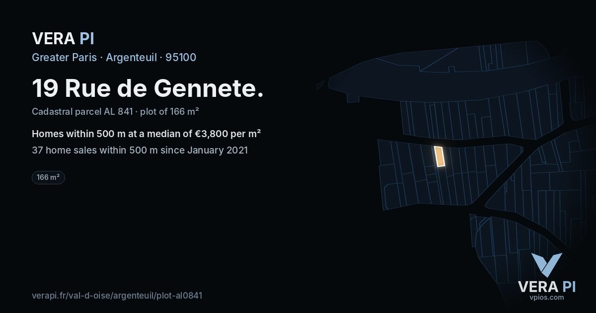 19 Rue de Gennete, Argenteuil at night – the plot lit, the parcels around coloured by the prices near them