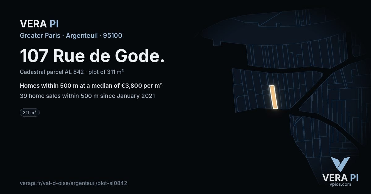 107 Rue de Gode, Argenteuil at night – the plot lit, the parcels around coloured by the prices near them