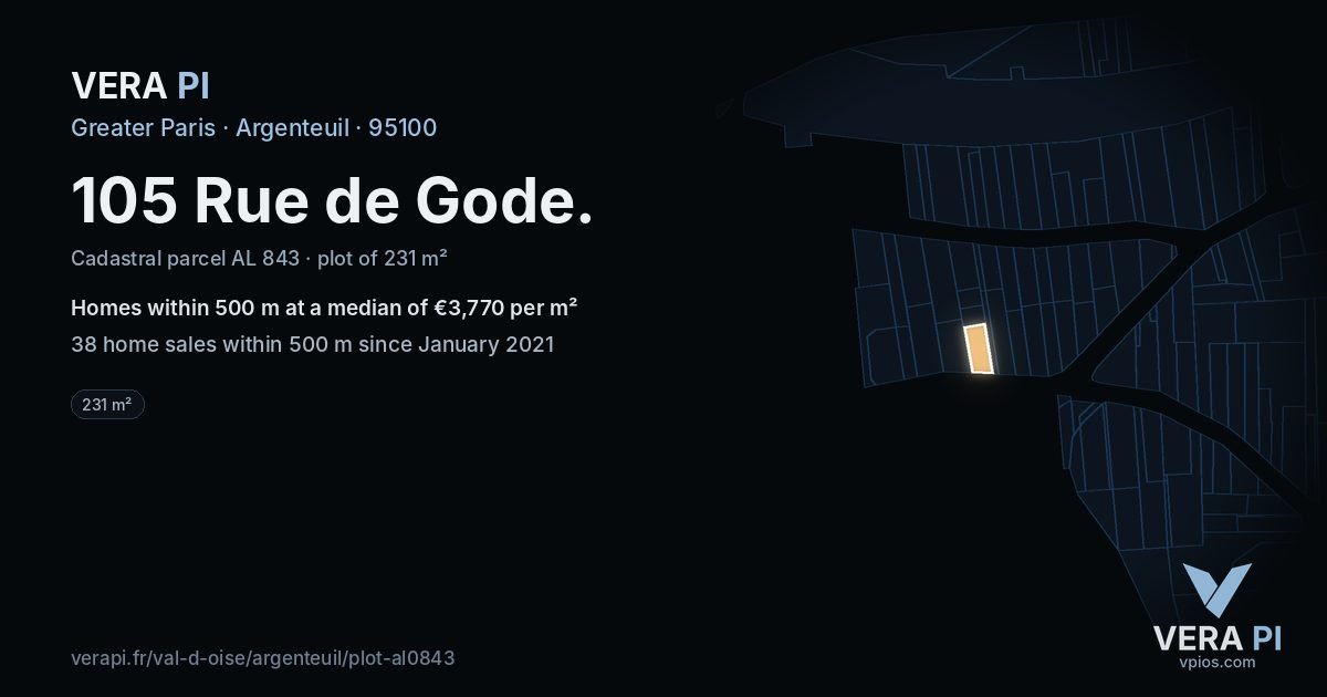 105 Rue de Gode, Argenteuil at night – the plot lit, the parcels around coloured by the prices near them