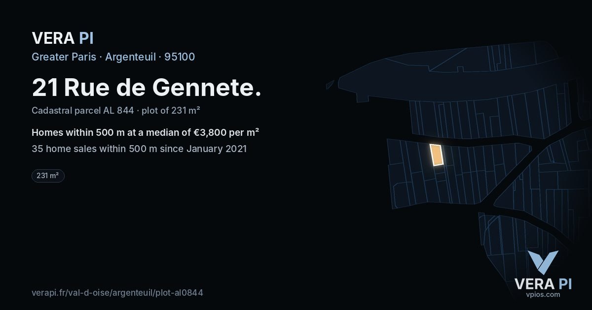 21 Rue de Gennete, Argenteuil at night – the plot lit, the parcels around coloured by the prices near them