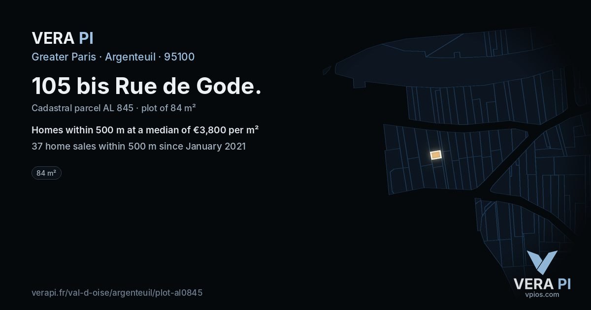 105 bis Rue de Gode, Argenteuil at night – the plot lit, the parcels around coloured by the prices near them