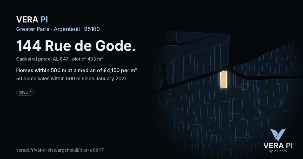 144 Rue de Gode, Argenteuil at night – the plot lit, the parcels around coloured by the prices near them