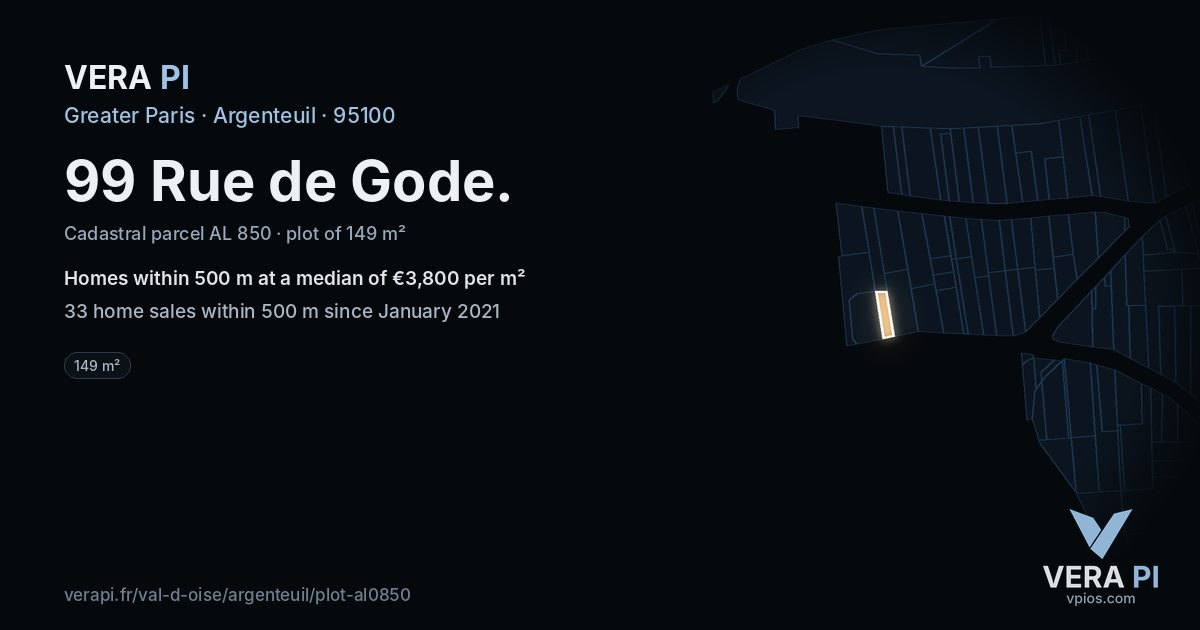 99 Rue de Gode, Argenteuil at night – the plot lit, the parcels around coloured by the prices near them