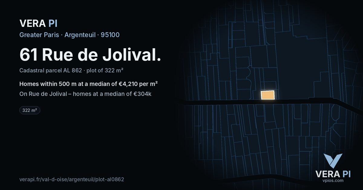 61 Rue de Jolival, Argenteuil at night – the plot lit, the parcels around coloured by the prices near them