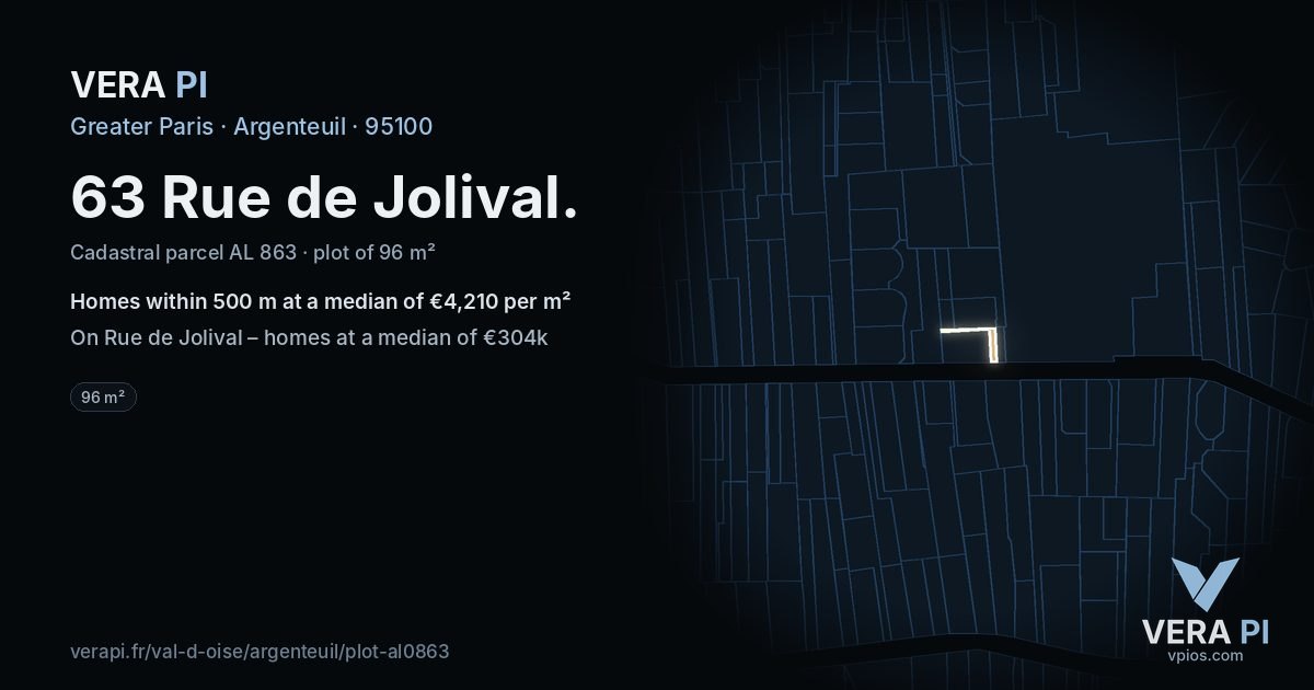 63 Rue de Jolival, Argenteuil at night – the plot lit, the parcels around coloured by the prices near them