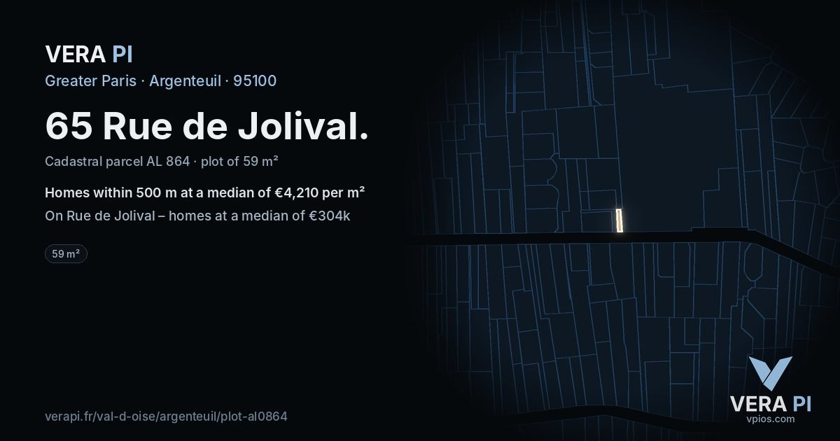 65 Rue de Jolival, Argenteuil at night – the plot lit, the parcels around coloured by the prices near them