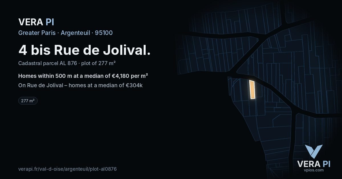 4 bis Rue de Jolival, Argenteuil at night – the plot lit, the parcels around coloured by the prices near them