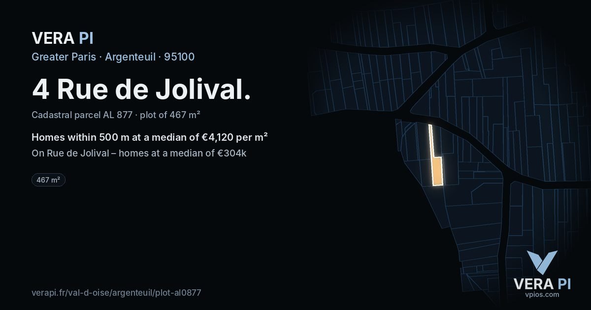 4 Rue de Jolival, Argenteuil at night – the plot lit, the parcels around coloured by the prices near them
