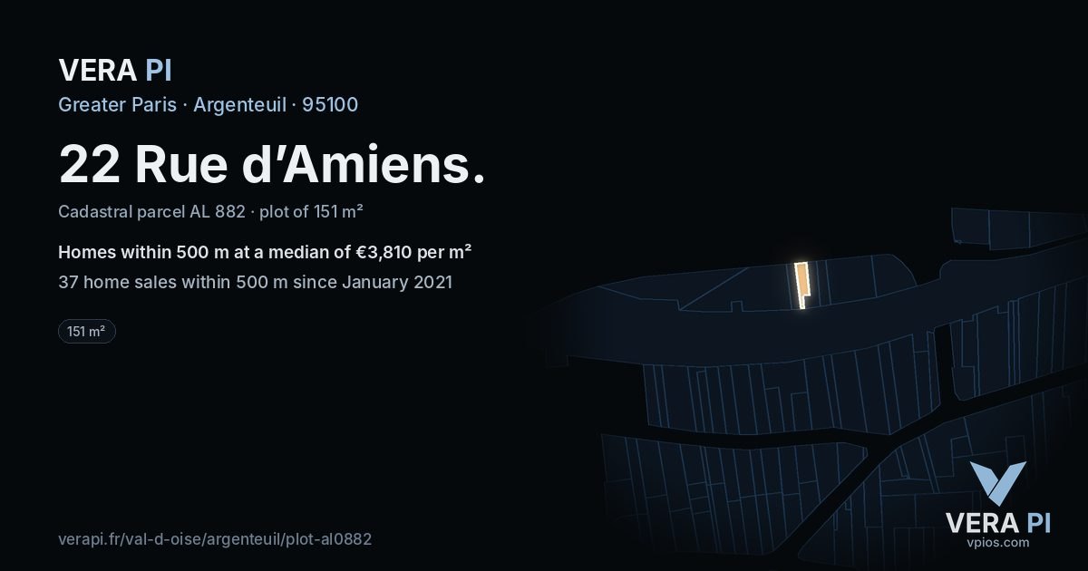 22 Rue d’Amiens, Argenteuil at night – the plot lit, the parcels around coloured by the prices near them