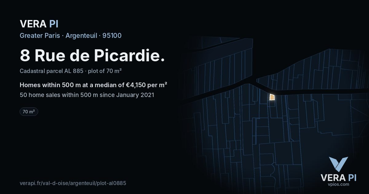 8 Rue de Picardie, Argenteuil at night – the plot lit, the parcels around coloured by the prices near them