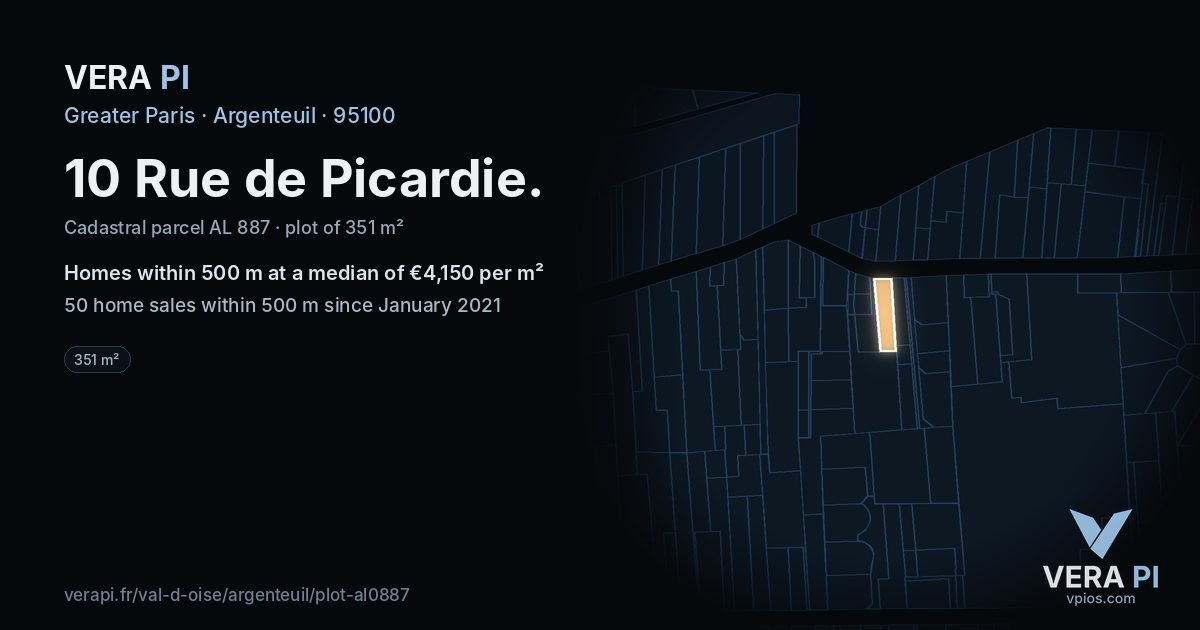 10 Rue de Picardie, Argenteuil at night – the plot lit, the parcels around coloured by the prices near them