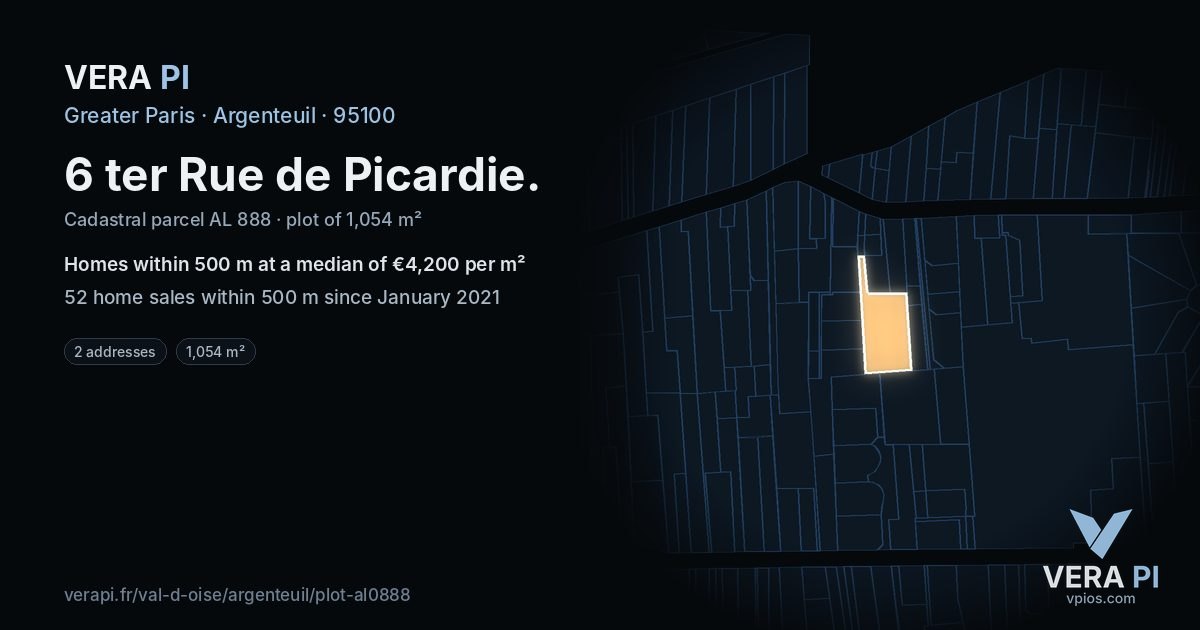 6 ter Rue de Picardie, Argenteuil at night – the plot lit, the parcels around coloured by the prices near them