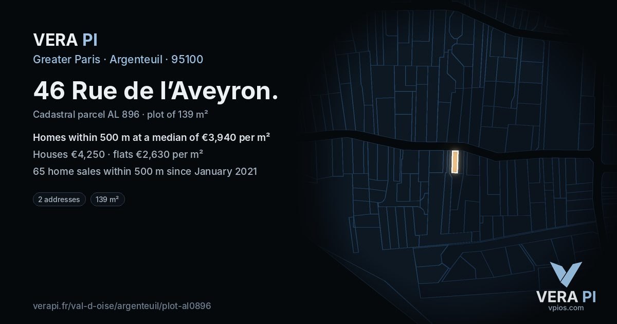 46 Rue de l’Aveyron, Argenteuil at night – the plot lit, the parcels around coloured by the prices near them
