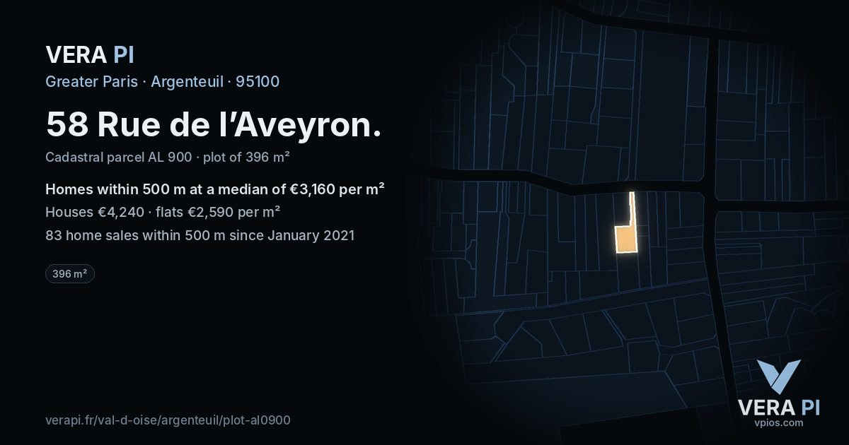 58 Rue de l’Aveyron, Argenteuil at night – the plot lit, the parcels around coloured by the prices near them