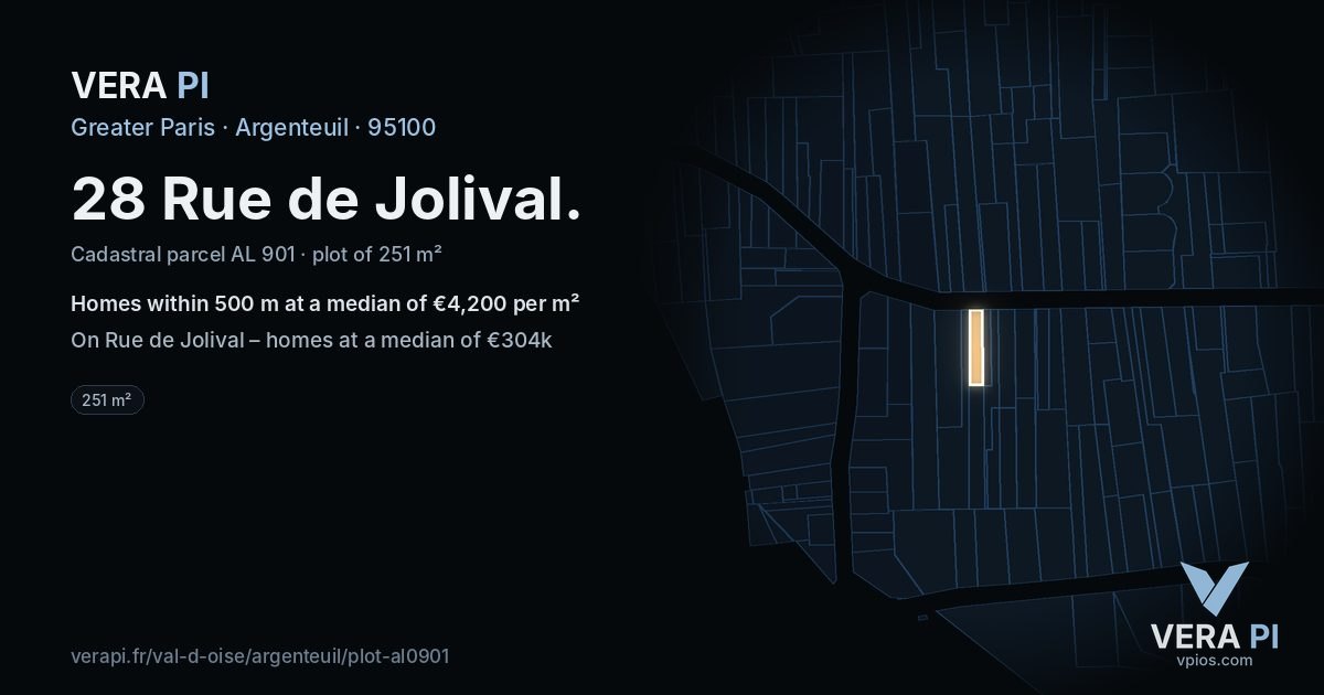 28 Rue de Jolival, Argenteuil at night – the plot lit, the parcels around coloured by the prices near them