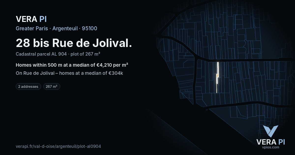 28 bis Rue de Jolival, Argenteuil at night – the plot lit, the parcels around coloured by the prices near them