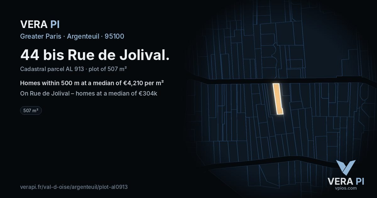 44 bis Rue de Jolival, Argenteuil at night – the plot lit, the parcels around coloured by the prices near them