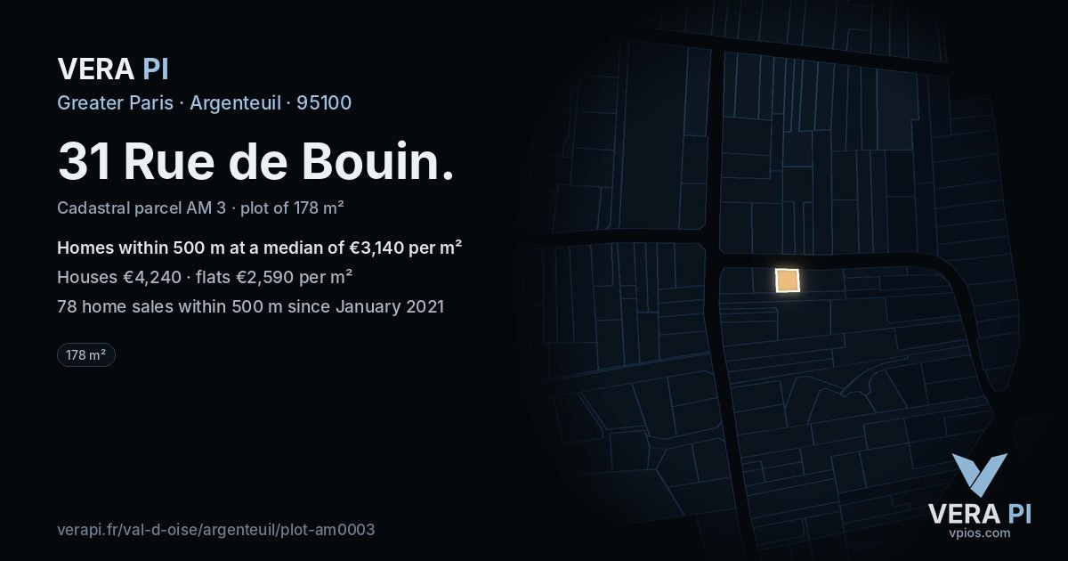 31 Rue de Bouin, Argenteuil at night – the plot lit, the parcels around coloured by the prices near them