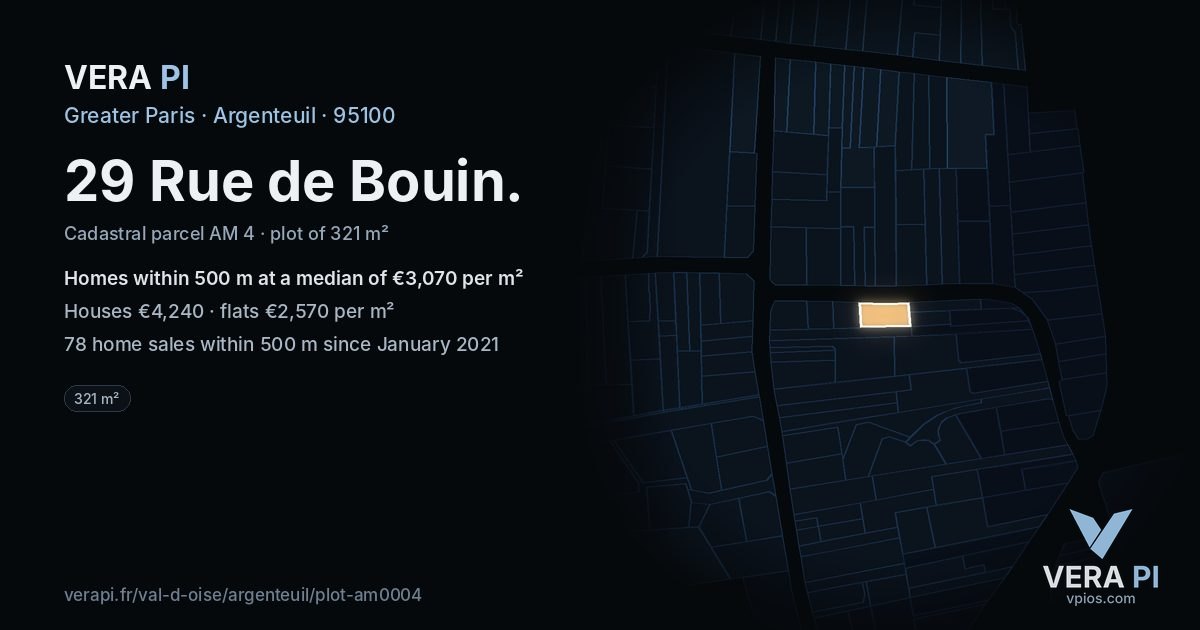 29 Rue de Bouin, Argenteuil at night – the plot lit, the parcels around coloured by the prices near them