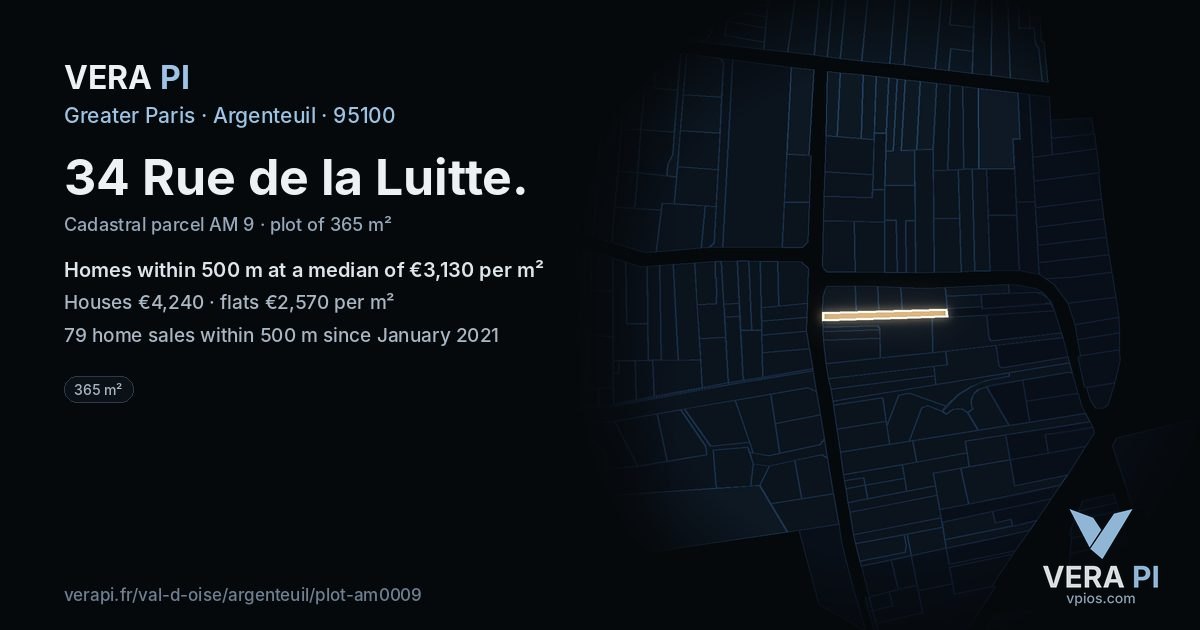 34 Rue de la Luitte, Argenteuil at night – the plot lit, the parcels around coloured by the prices near them